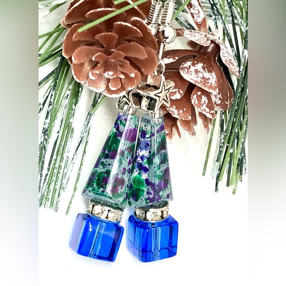 Royal Blue Forest Green Purple Splash Clr Glass Crystal Christmas Tree Earrings - Picture 1 of 4